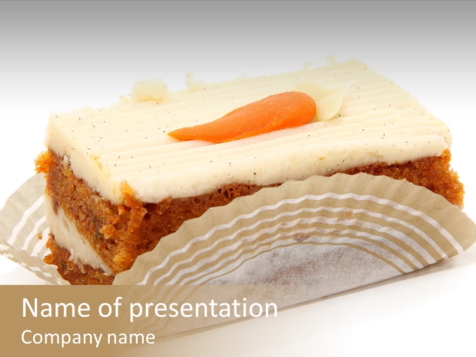 Piece Of Carrot Cake On Bakery Serving Paper Shot Over White. PowerPoint Template