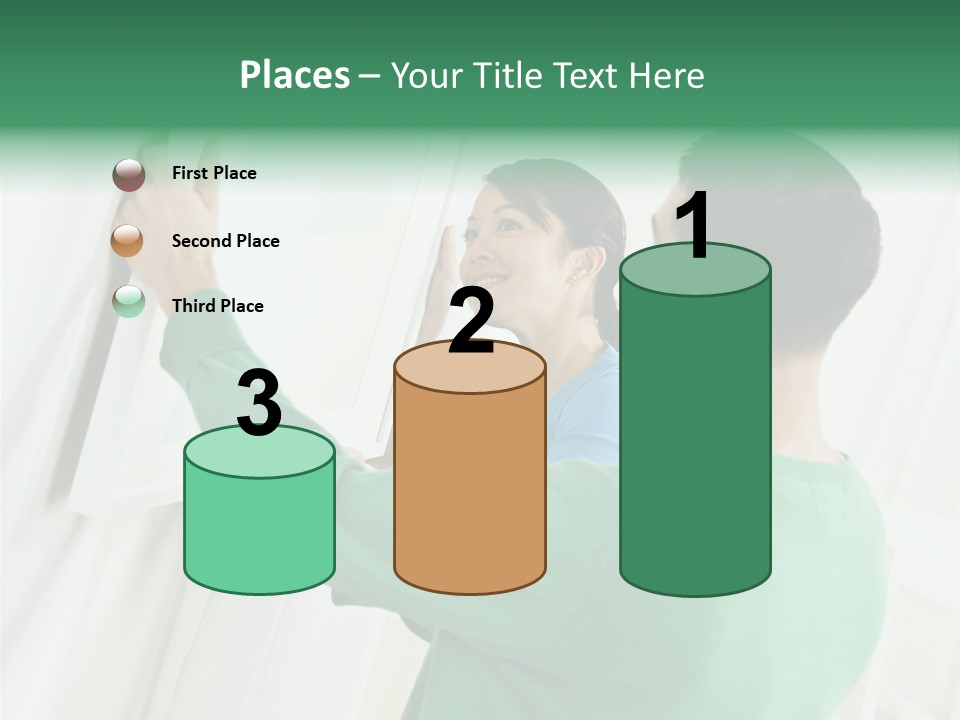 Asian Woman And Male Hanging Art On Wall. Square Composition. PowerPoint Template