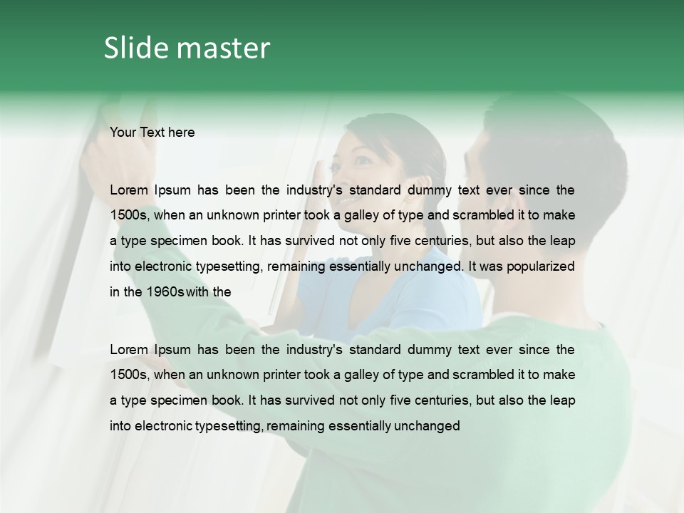 Asian Woman And Male Hanging Art On Wall. Square Composition. PowerPoint Template