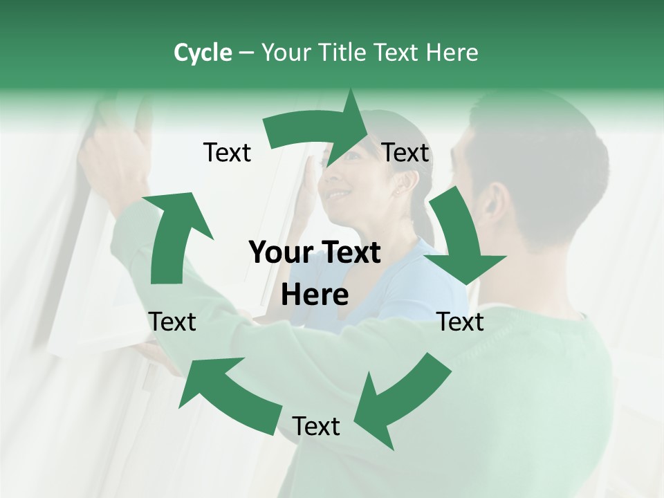 Asian Woman And Male Hanging Art On Wall. Square Composition. PowerPoint Template