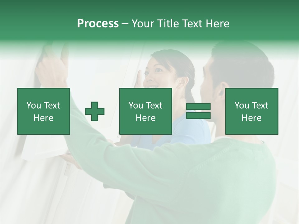 Asian Woman And Male Hanging Art On Wall. Square Composition. PowerPoint Template