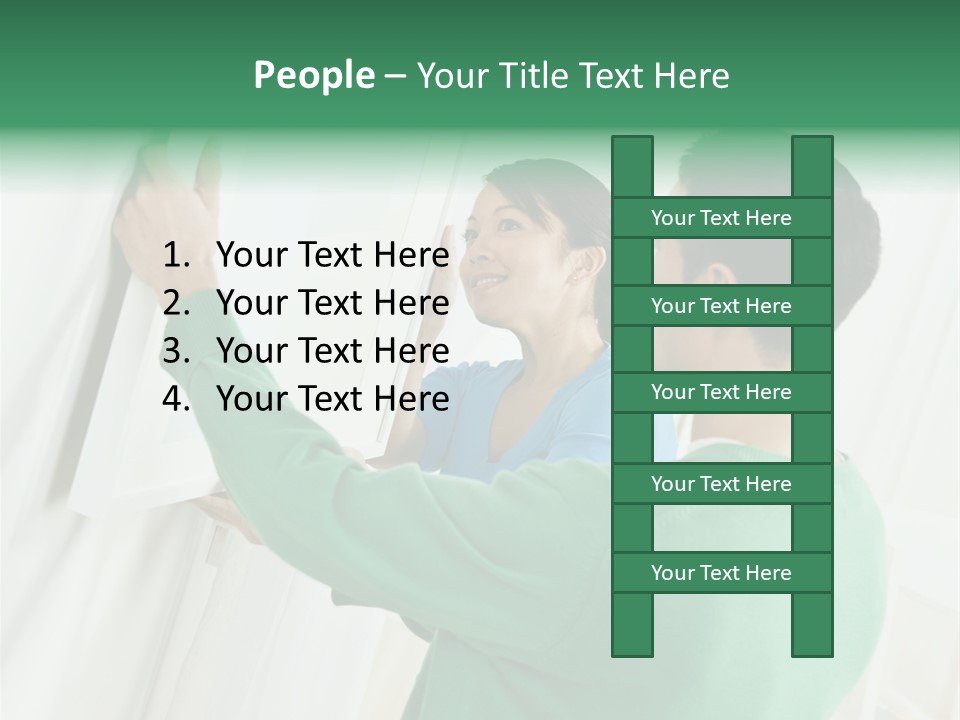 Asian Woman And Male Hanging Art On Wall. Square Composition. PowerPoint Template