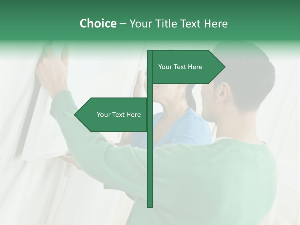 Asian Woman And Male Hanging Art On Wall. Square Composition. PowerPoint Template