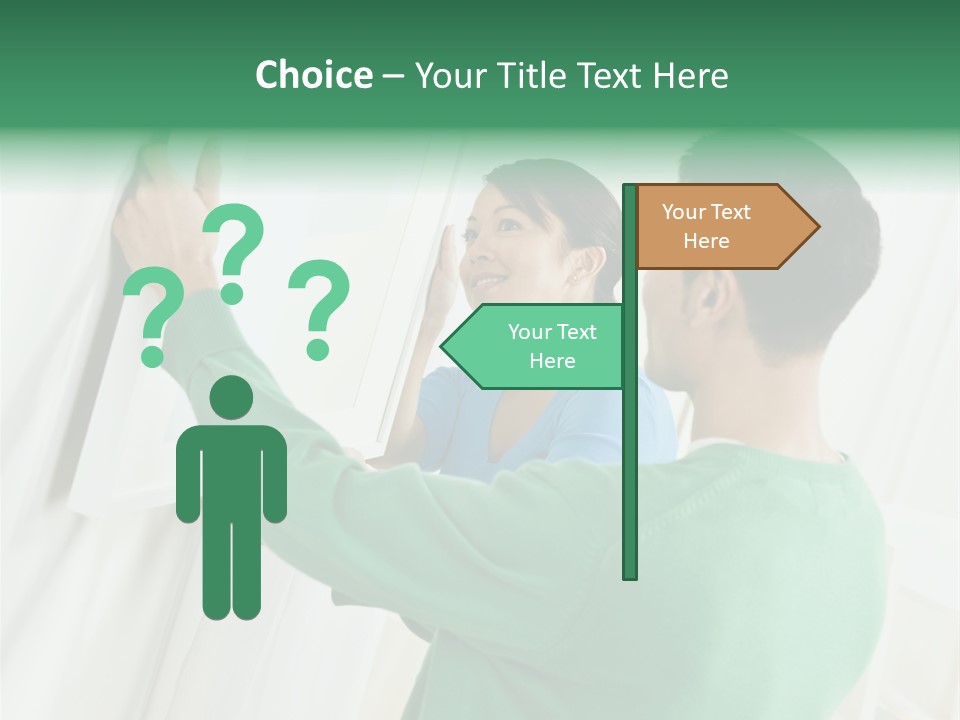 Asian Woman And Male Hanging Art On Wall. Square Composition. PowerPoint Template