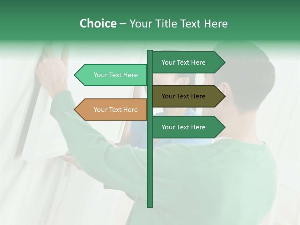 Asian Woman And Male Hanging Art On Wall. Square Composition. PowerPoint Template