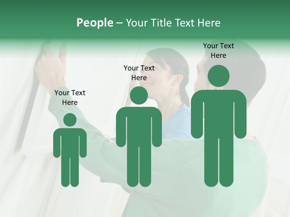 Asian Woman And Male Hanging Art On Wall. Square Composition. PowerPoint Template