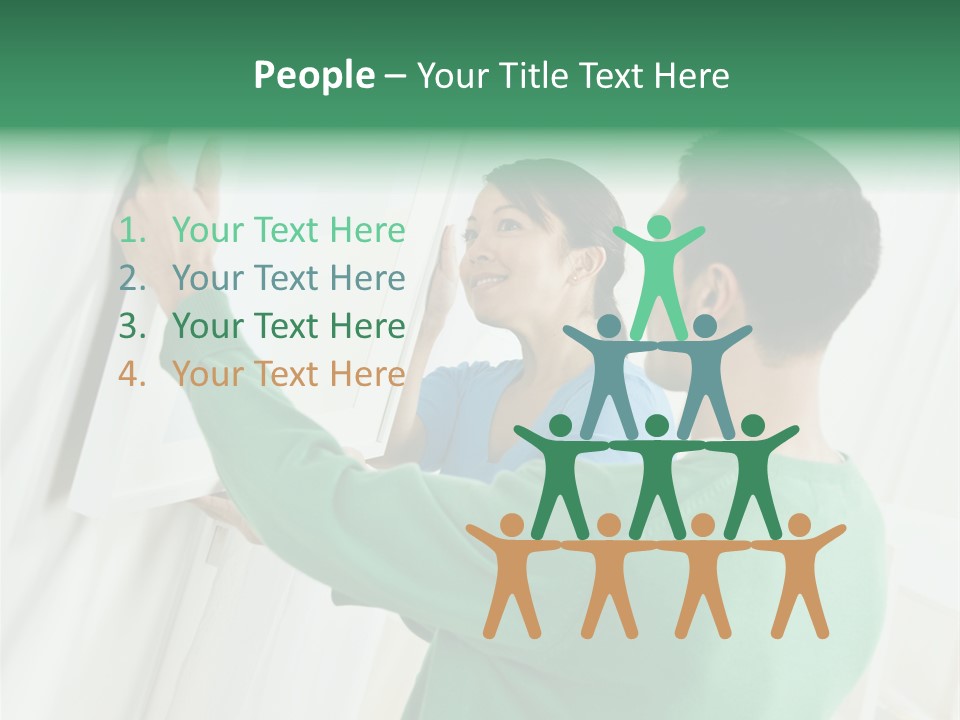 Asian Woman And Male Hanging Art On Wall. Square Composition. PowerPoint Template