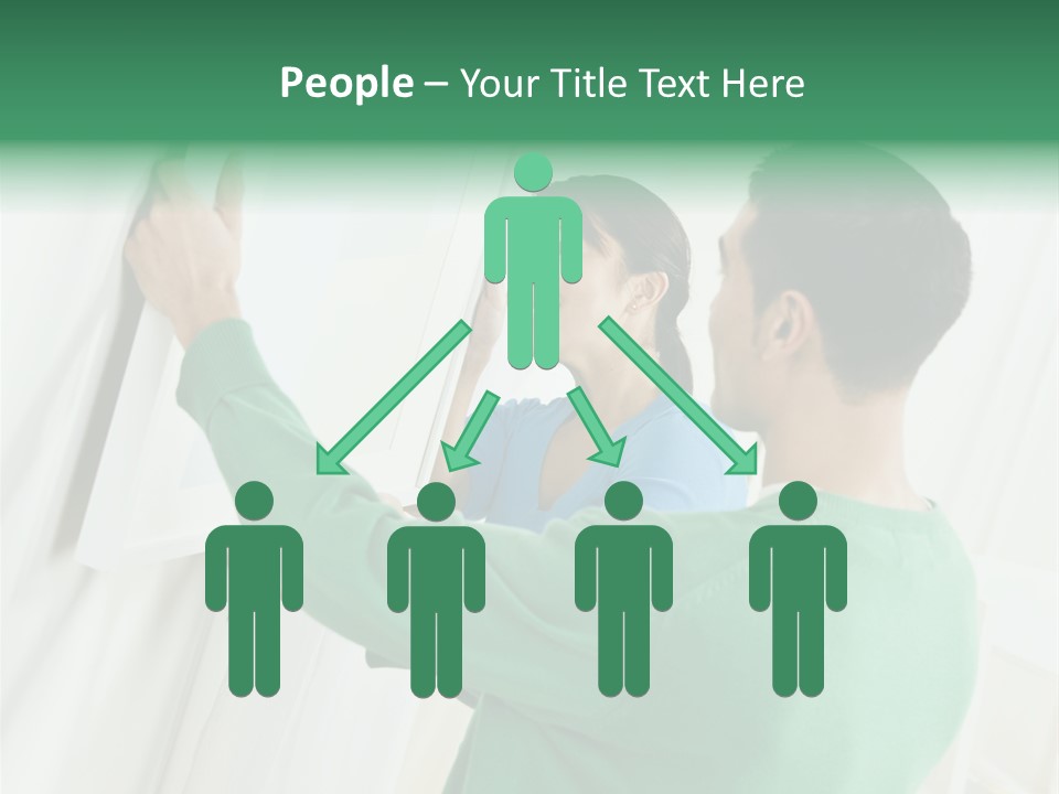 Asian Woman And Male Hanging Art On Wall. Square Composition. PowerPoint Template