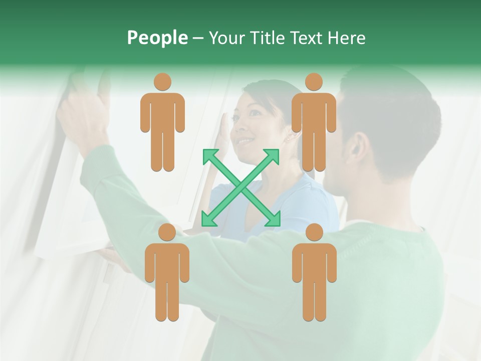 Asian Woman And Male Hanging Art On Wall. Square Composition. PowerPoint Template