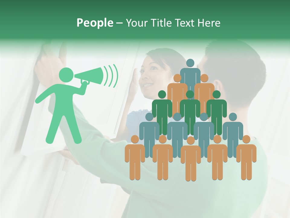 Asian Woman And Male Hanging Art On Wall. Square Composition. PowerPoint Template