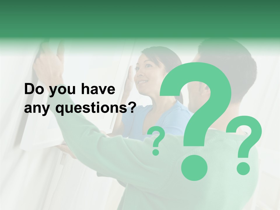 Asian Woman And Male Hanging Art On Wall. Square Composition. PowerPoint Template