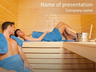 Young Couple While Beauty Health Spa Treatment Taking A Sauna With Towels And Sweating PowerPoint Template