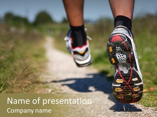 Trail Running. Freeze Action Closeup Of Running Shoes In Action. Shallow Depth Of Field, Focus On Left Shoe. PowerPoint Template