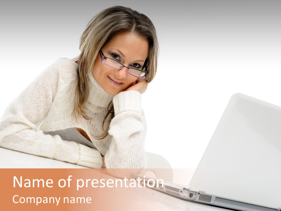 A Woman Sitting At A Table With A Laptop Computer PowerPoint Template