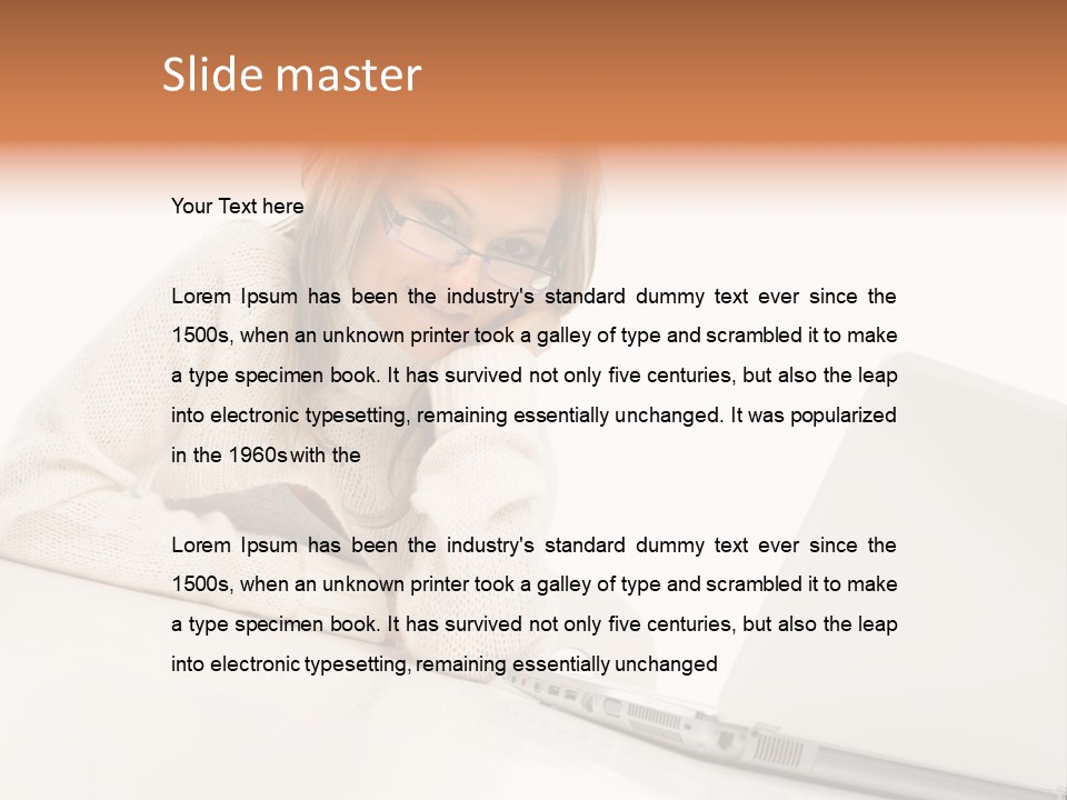 A Woman Sitting At A Table With A Laptop Computer PowerPoint Template