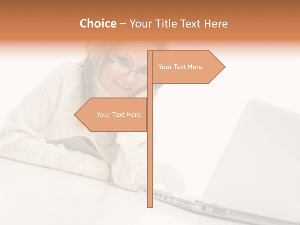 A Woman Sitting At A Table With A Laptop Computer PowerPoint Template