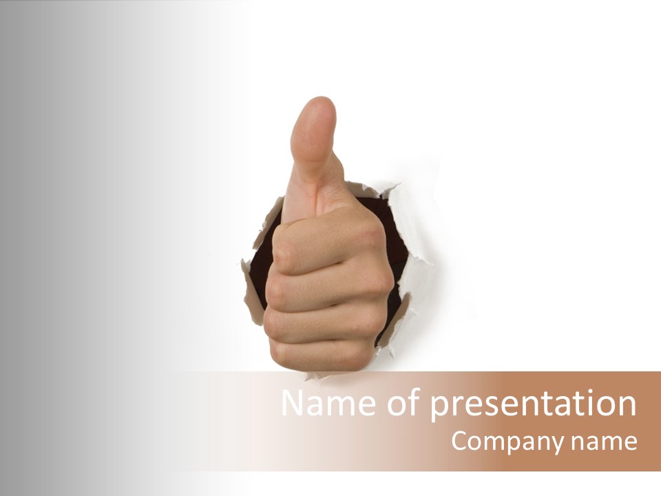 Thumbs Up Success Hand Breaking Through White Wall PowerPoint Template