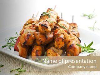 Pile Of Barbecued Chicken Kebab Appetizers On A Plate PowerPoint Template