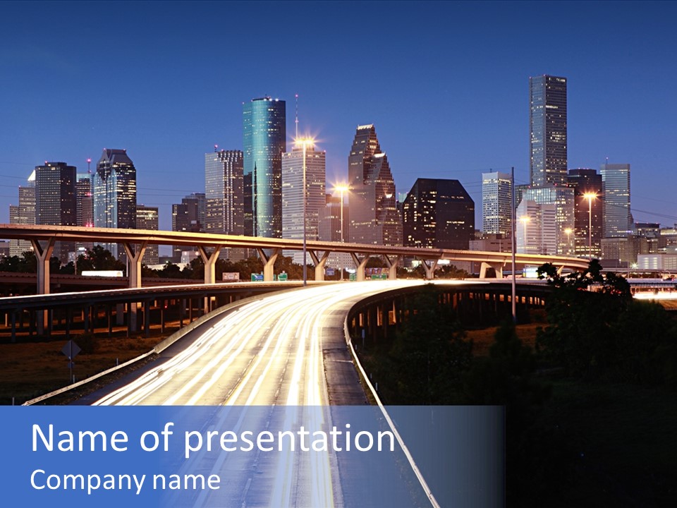 Lighted Houston Skyline Against Blue Sky PowerPoint Template
