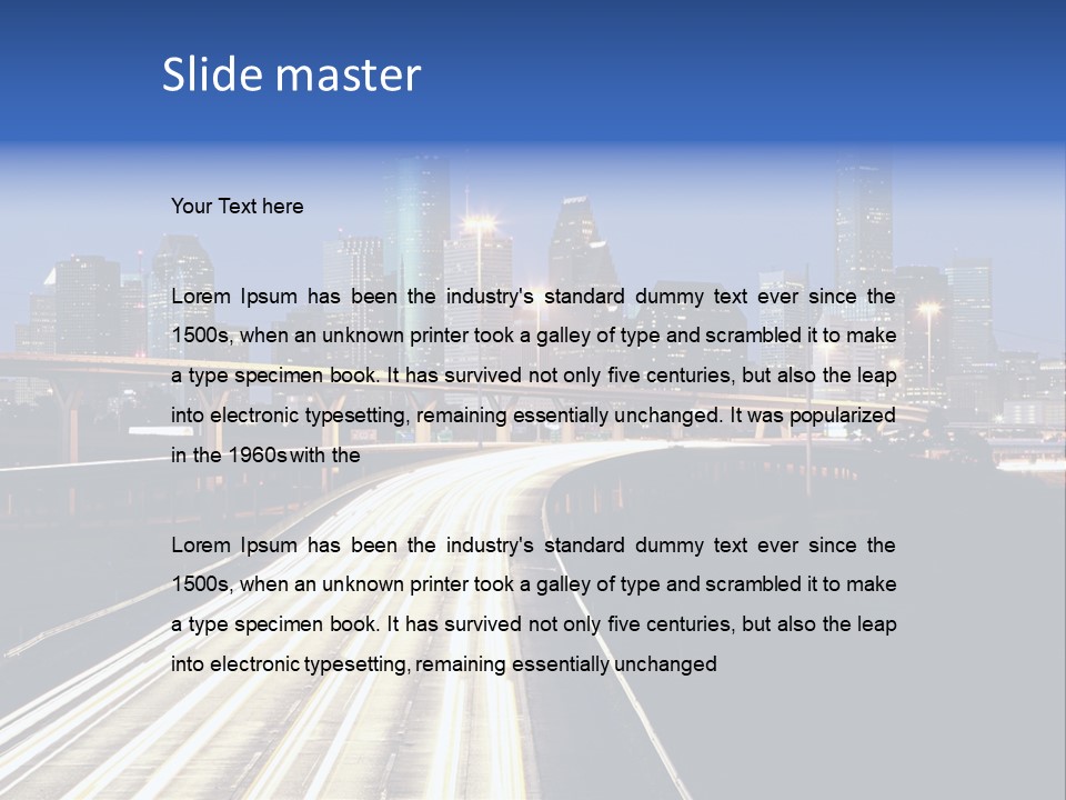 Lighted Houston Skyline Against Blue Sky PowerPoint Template