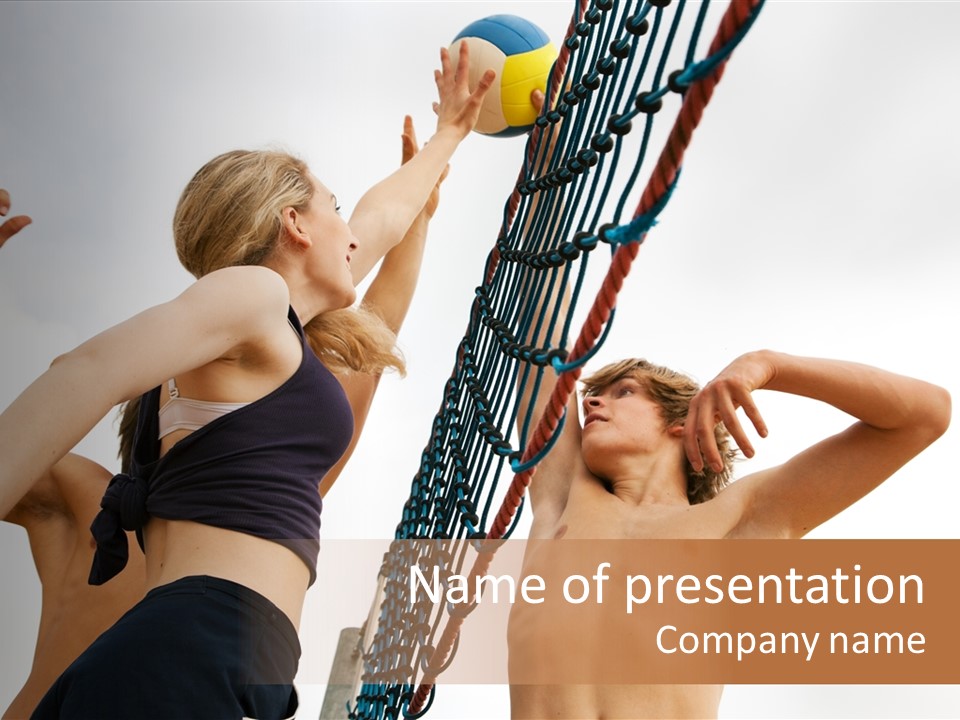 Players Trying To Block A Dangerous Attack In A Beach Volleyball Game PowerPoint Template