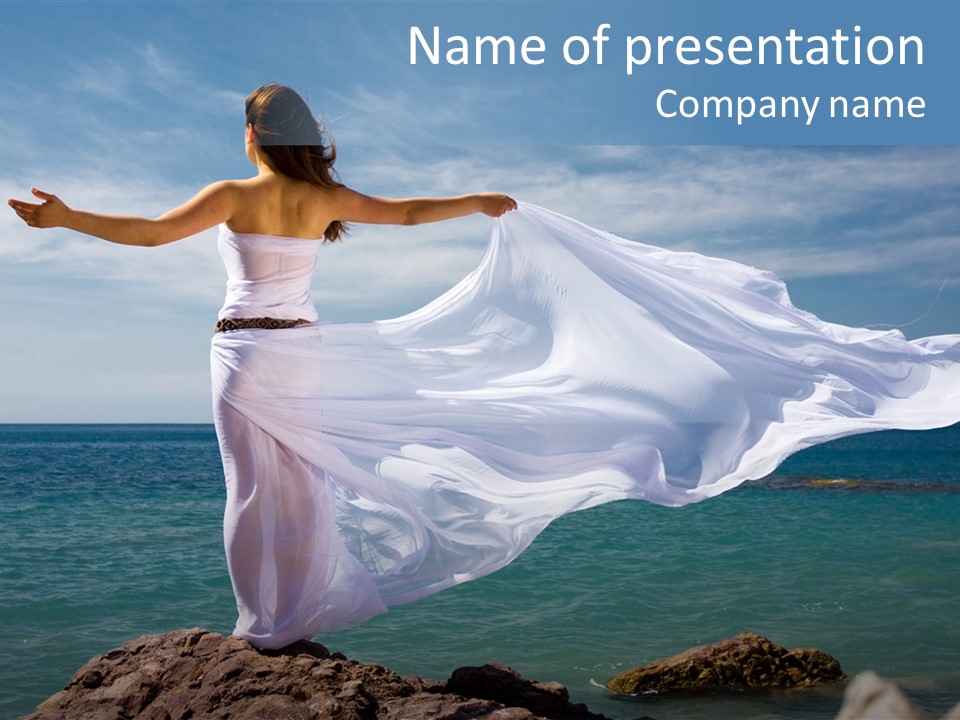 Beautiful Woman In White Dress At The Sea Beach PowerPoint Template