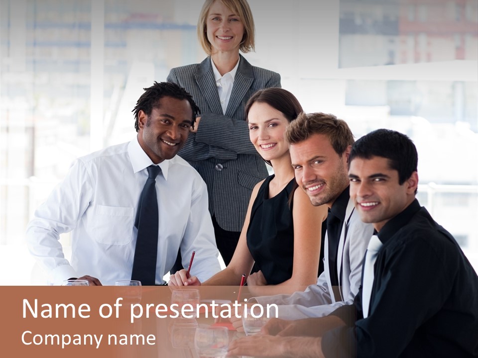 International Business Team Smiling At The Camera In Office PowerPoint Template