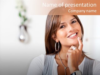 Beautiful Thoughtful Woman Smiling At Her Apartment PowerPoint Template