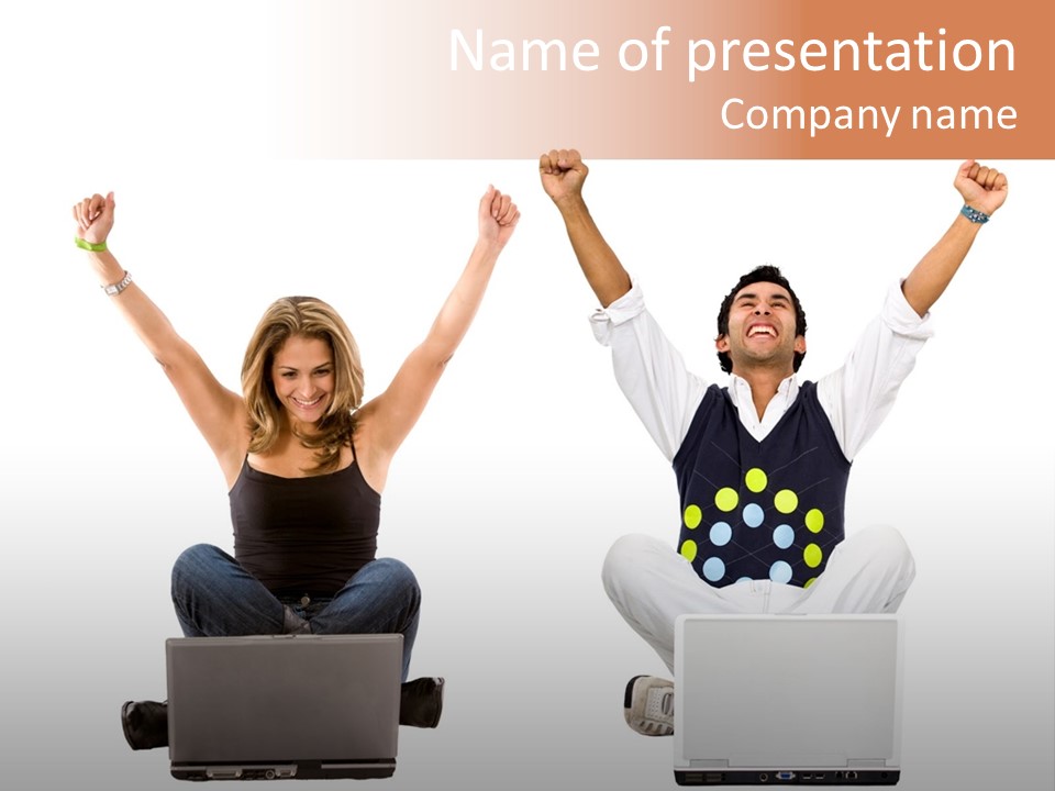 A Man And A Woman Sitting On A Laptop PowerPoint Template