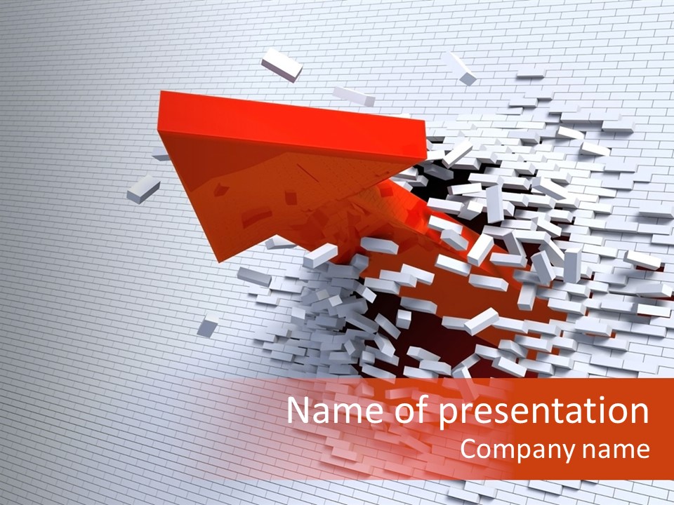 3D Illustration Of Red Arrow Breaking Through A White Brick Wall. PowerPoint Template