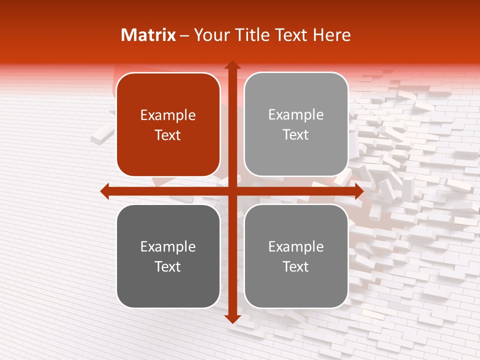 3D Illustration Of Red Arrow Breaking Through A White Brick Wall. PowerPoint Template