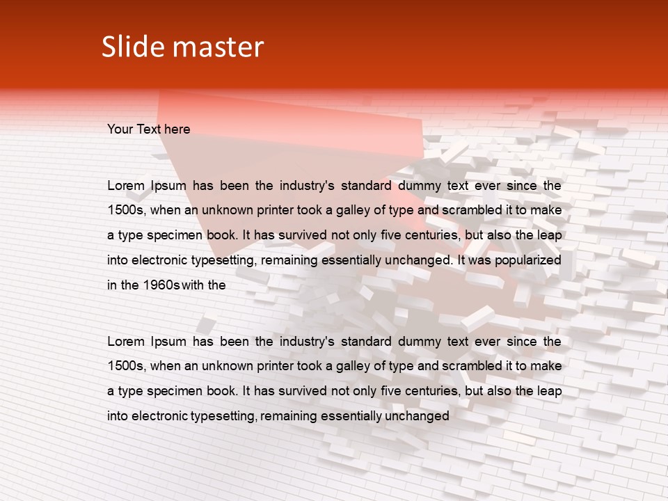 3D Illustration Of Red Arrow Breaking Through A White Brick Wall. PowerPoint Template