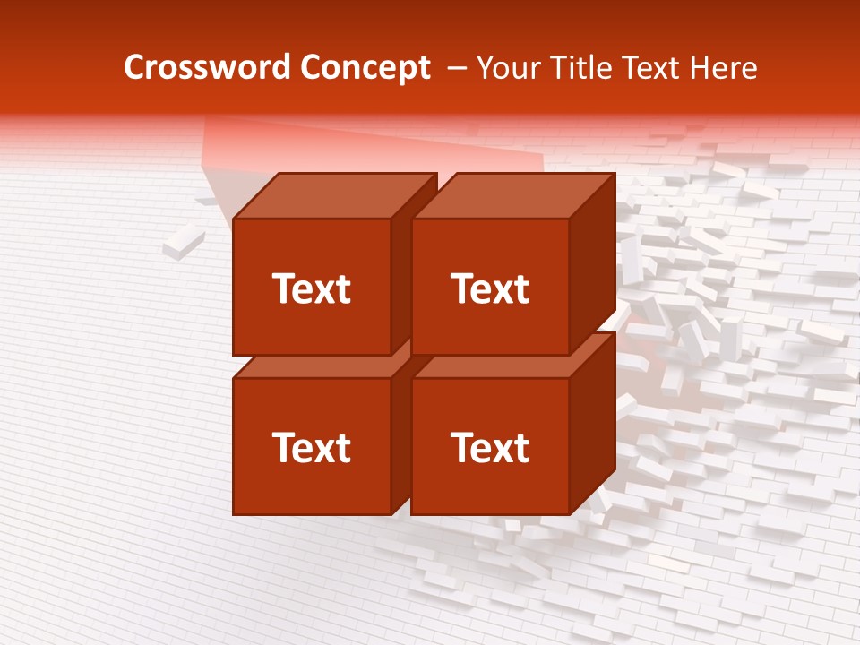 3D Illustration Of Red Arrow Breaking Through A White Brick Wall. PowerPoint Template