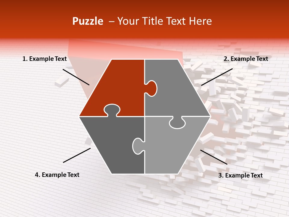 3D Illustration Of Red Arrow Breaking Through A White Brick Wall. PowerPoint Template
