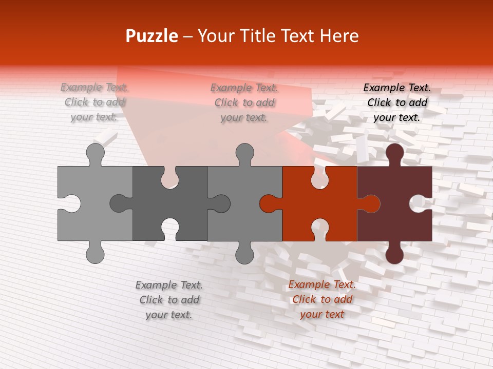 3D Illustration Of Red Arrow Breaking Through A White Brick Wall. PowerPoint Template