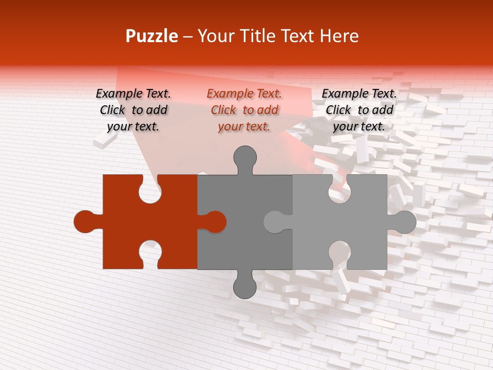 3D Illustration Of Red Arrow Breaking Through A White Brick Wall. PowerPoint Template