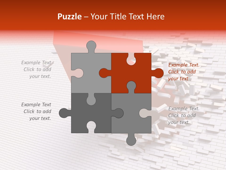 3D Illustration Of Red Arrow Breaking Through A White Brick Wall. PowerPoint Template