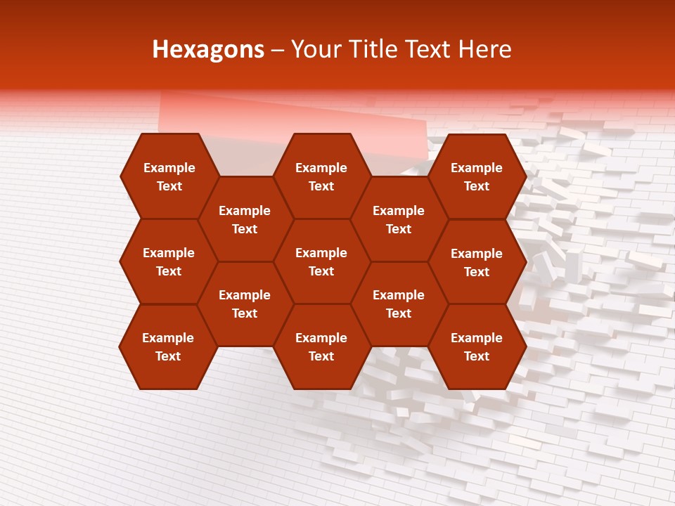 3D Illustration Of Red Arrow Breaking Through A White Brick Wall. PowerPoint Template