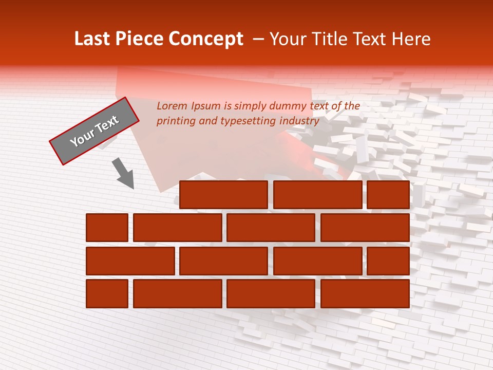 3D Illustration Of Red Arrow Breaking Through A White Brick Wall. PowerPoint Template