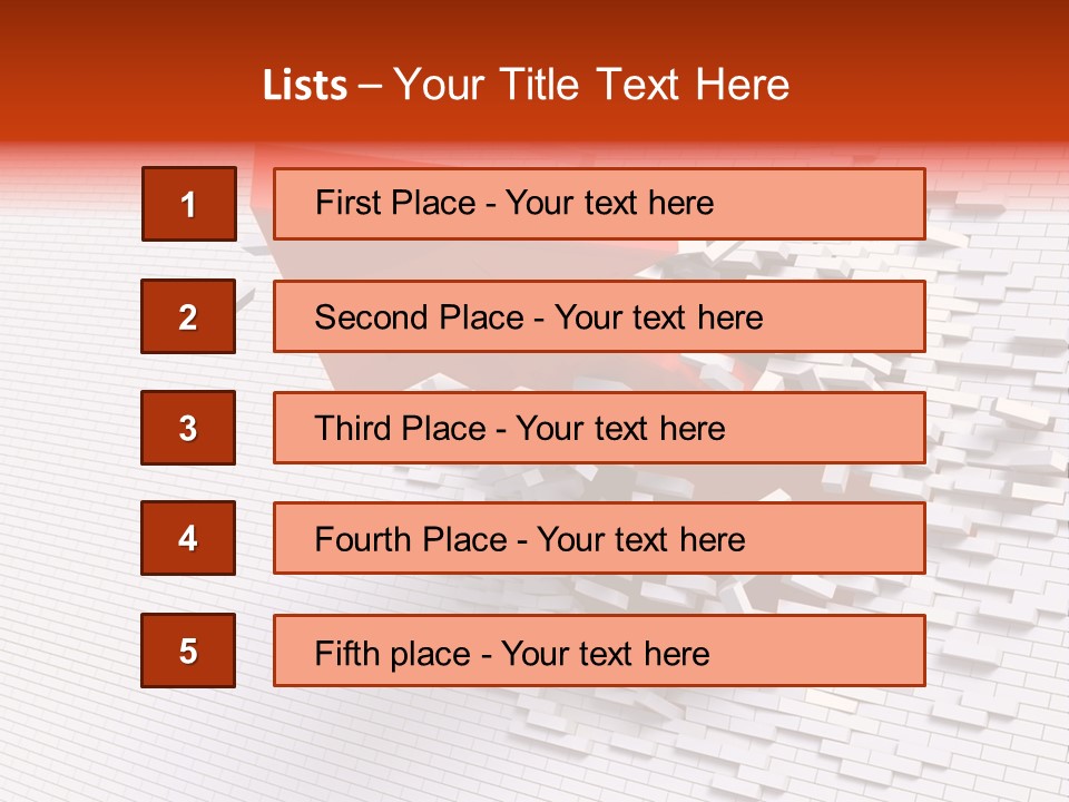 3D Illustration Of Red Arrow Breaking Through A White Brick Wall. PowerPoint Template