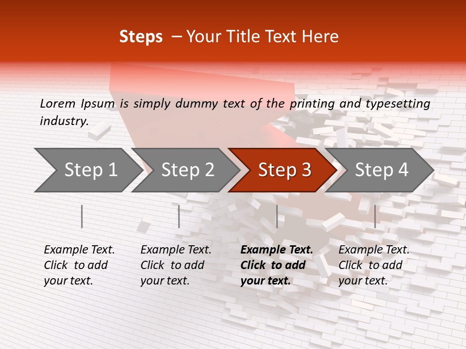 3D Illustration Of Red Arrow Breaking Through A White Brick Wall. PowerPoint Template