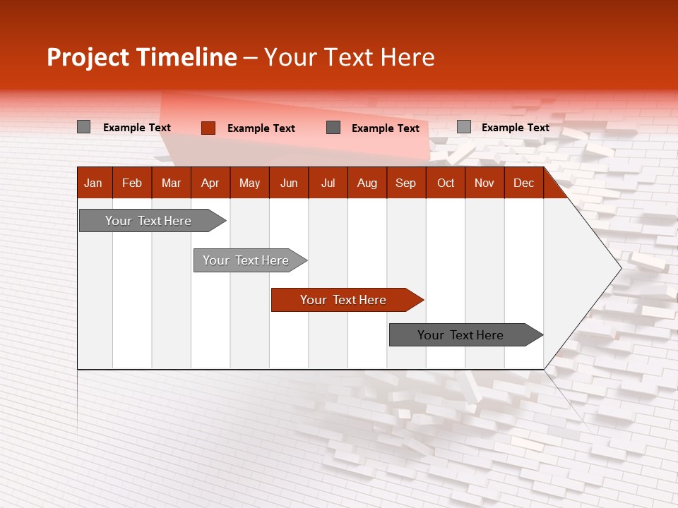 3D Illustration Of Red Arrow Breaking Through A White Brick Wall. PowerPoint Template
