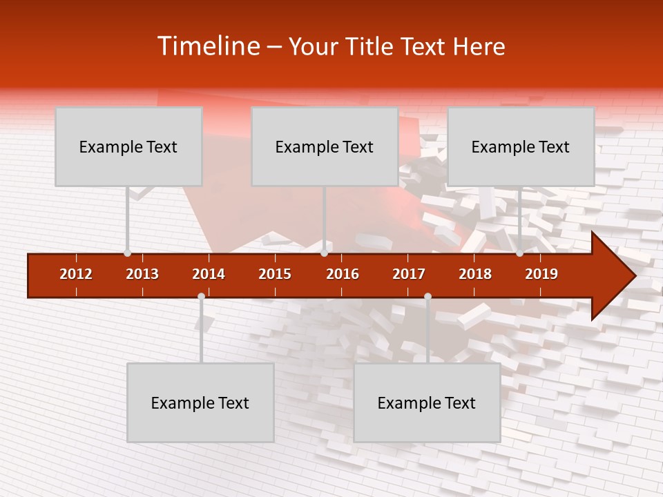 3D Illustration Of Red Arrow Breaking Through A White Brick Wall. PowerPoint Template
