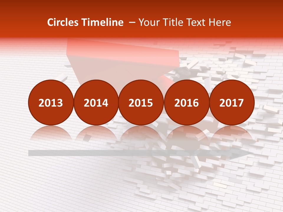 3D Illustration Of Red Arrow Breaking Through A White Brick Wall. PowerPoint Template