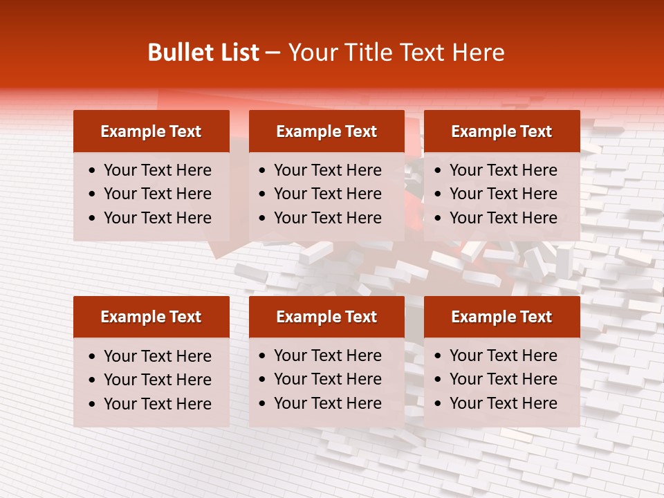 3D Illustration Of Red Arrow Breaking Through A White Brick Wall. PowerPoint Template