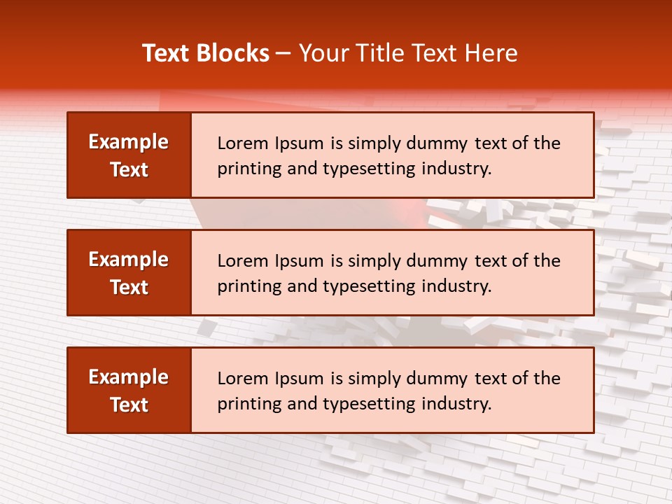 3D Illustration Of Red Arrow Breaking Through A White Brick Wall. PowerPoint Template