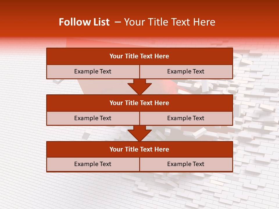 3D Illustration Of Red Arrow Breaking Through A White Brick Wall. PowerPoint Template