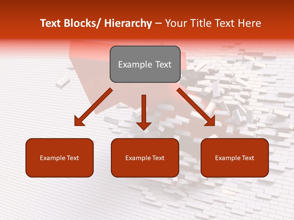 3D Illustration Of Red Arrow Breaking Through A White Brick Wall. PowerPoint Template