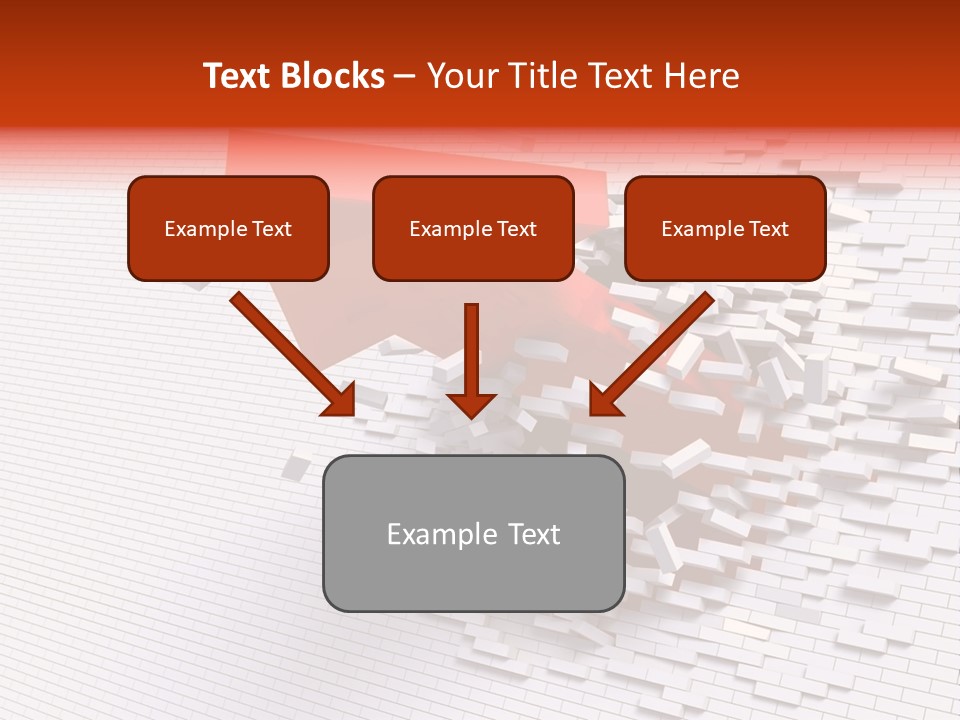 3D Illustration Of Red Arrow Breaking Through A White Brick Wall. PowerPoint Template