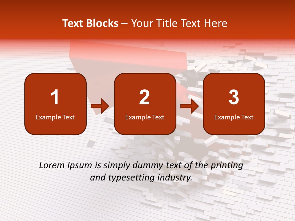 3D Illustration Of Red Arrow Breaking Through A White Brick Wall. PowerPoint Template